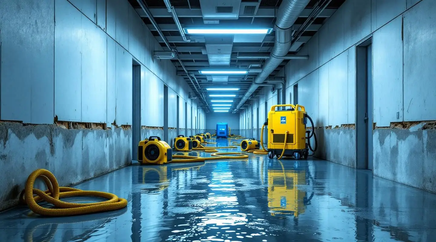 Restoration technicians deploying industrial dehumidifiers in a large Riverside commercial facility after a pipe burst.