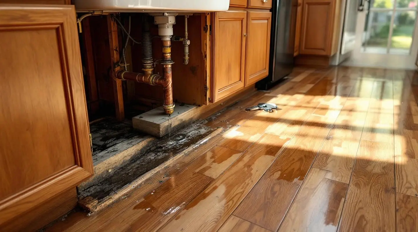 A professional technician using a moisture meter to check for dampness behind kitchen cabinetry in a Riverside home.