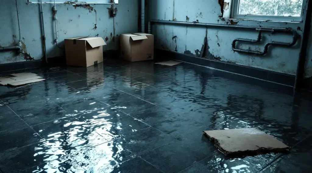 Professional restoration technician using industrial water extraction equipment in a flooded Corona basement.