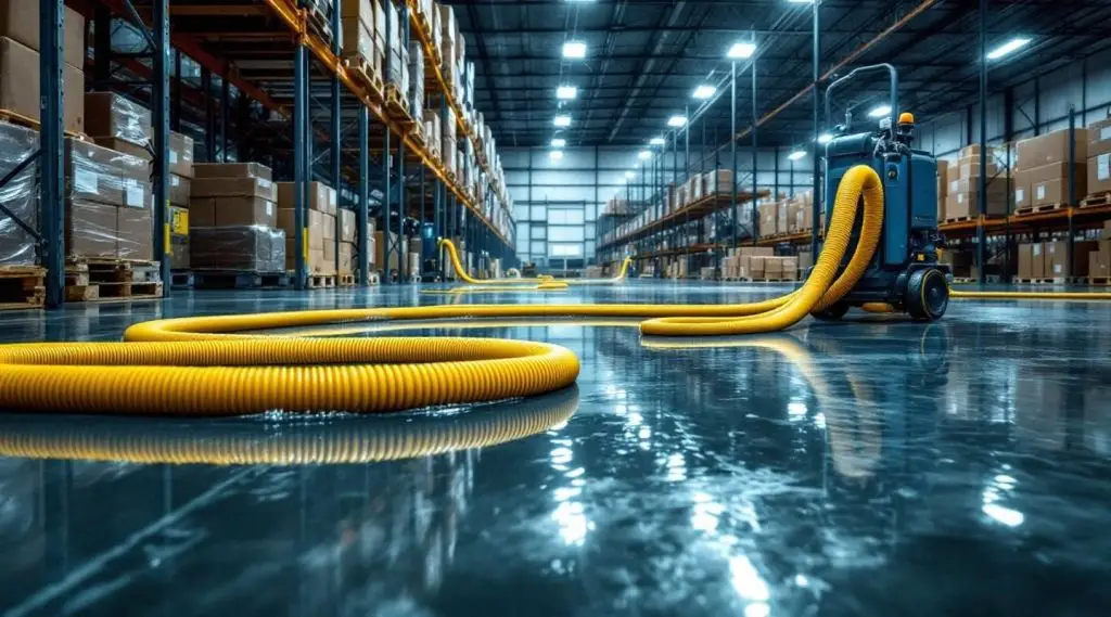 Industrial water extraction technicians using high-volume pumps and air movers in a flooded Corona warehouse.