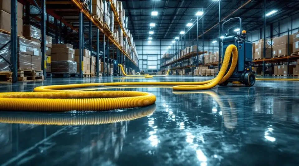 Industrial water extraction technicians using high-volume pumps and air movers in a flooded Riverside warehouse.