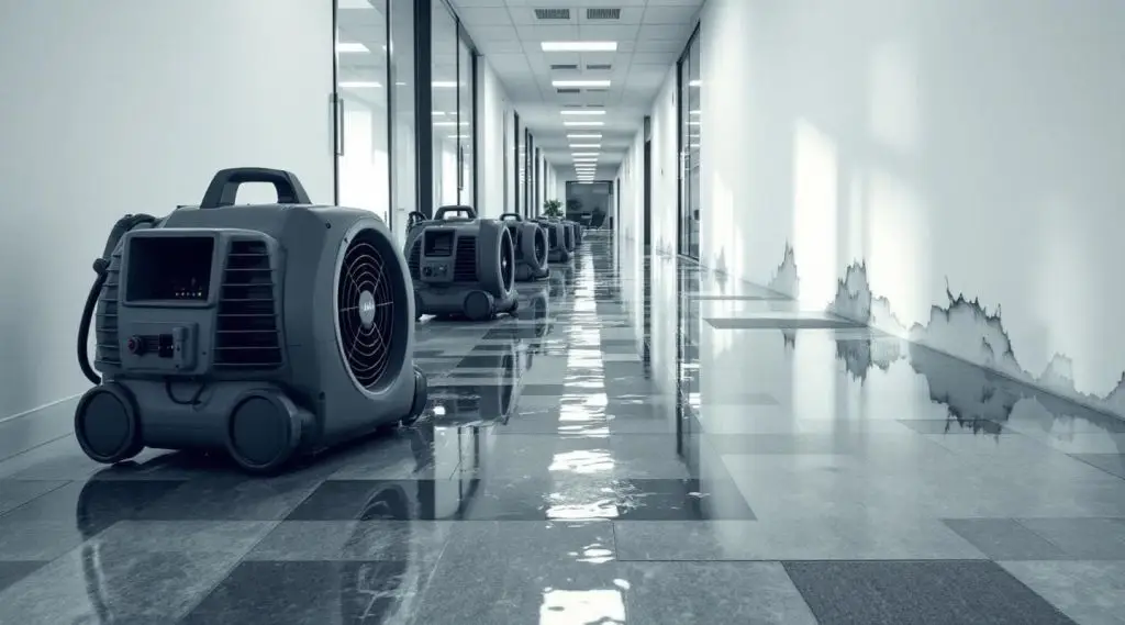 Commercial restoration technicians using industrial air movers and moisture sensors in a flooded Corona office building.