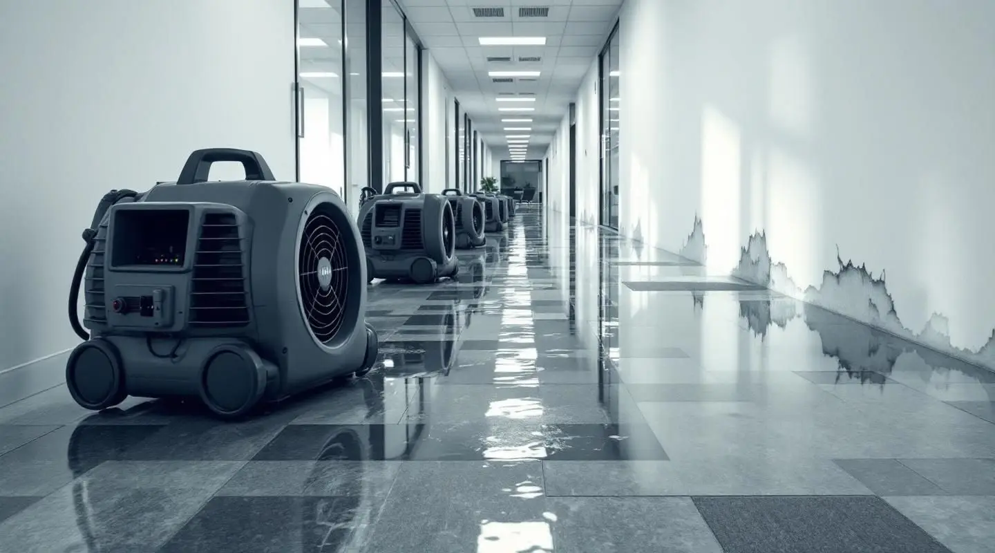 Commercial restoration technicians using industrial air movers and moisture sensors in a flooded Riverside office building.