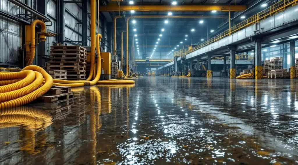 Neko Water technicians using high-capacity pumps and industrial dehumidifiers to clear a flooded warehouse in Corona.