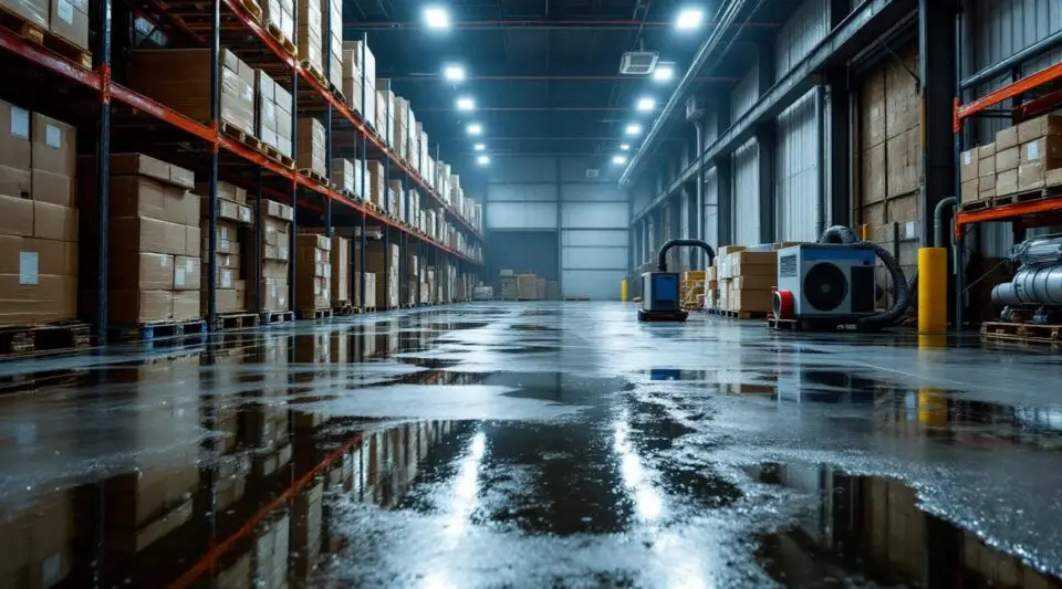 Professional technicians operating industrial-grade water extraction equipment on a flooded warehouse floor in Riverside.