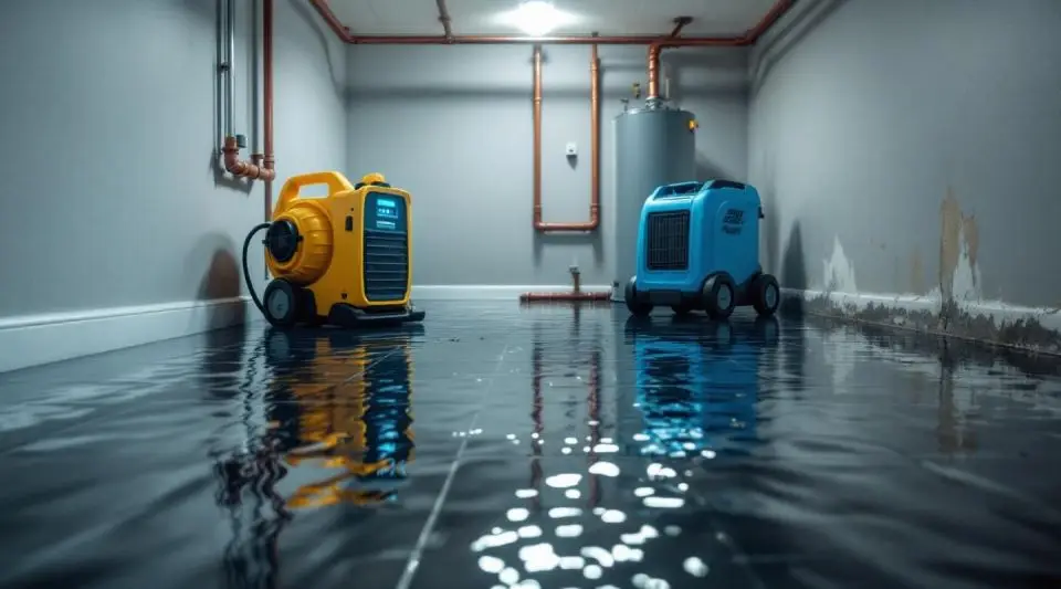 A professional restoration technician in safety gear using a heavy-duty floor dryer and moisture mapping tools in Riverside.