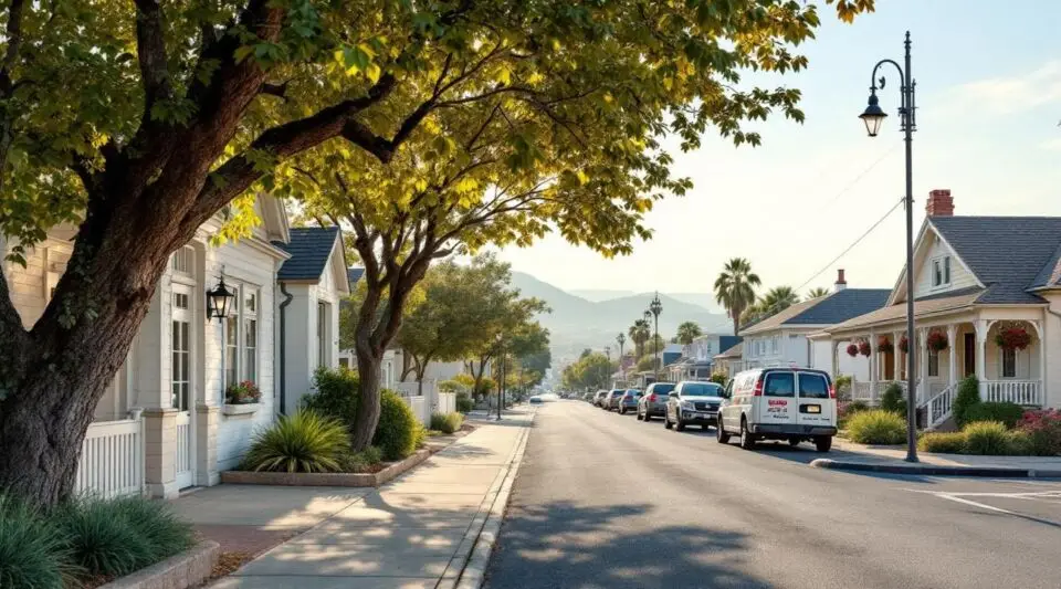 A professional restoration vehicle parked on a quiet Loma Linda residential street near the university at sunrise.