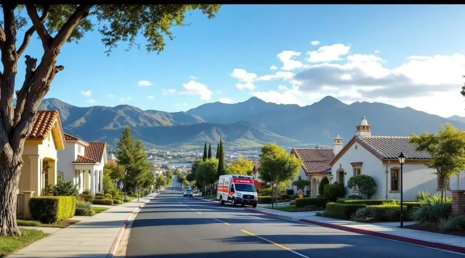 A professional restoration vehicle parked on a quiet Moreno Valley residential street with Box Springs Mountain visible in the distance.