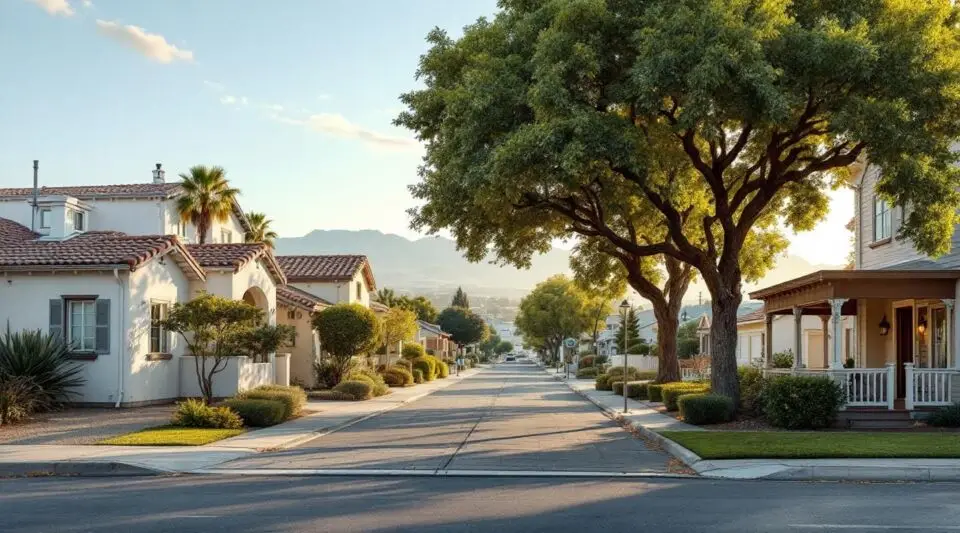 A professional restoration vehicle parked on a historic Redlands street lined with Washingtonia palms and craftsman homes.