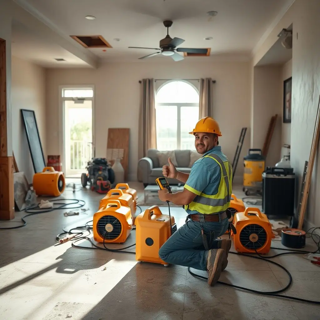 A restoration specialist explaining moisture mapping results to a Rialto homeowner in their living room.