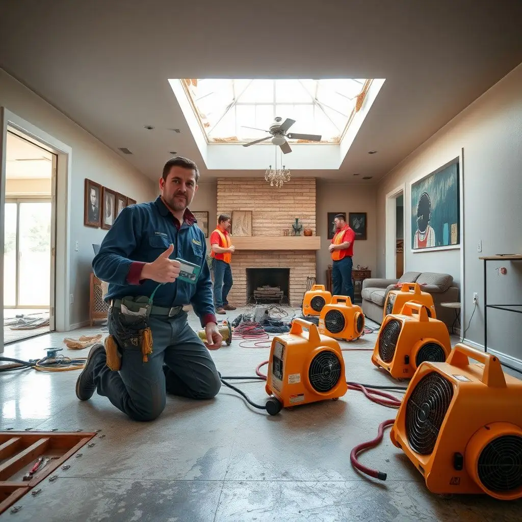 A restoration professional explaining a moisture meter reading to a concerned Colton homeowner in their living room.