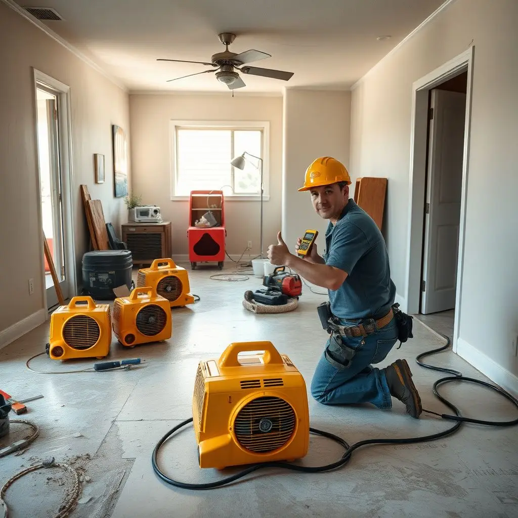 High-powered industrial air movers and a dehumidifier drying out a Highland home's living room after a pipe burst.