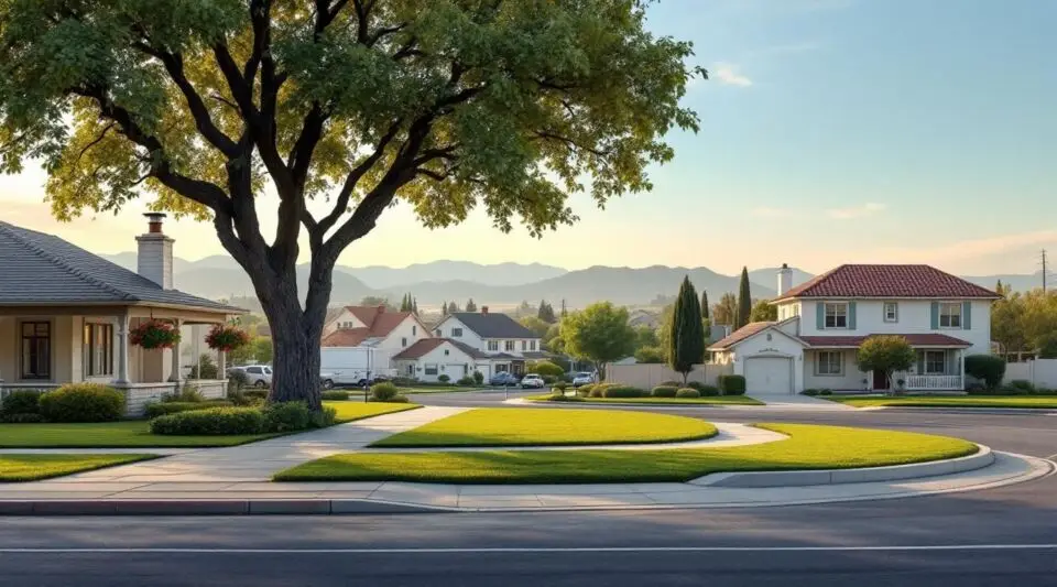 A Neko Water restoration vehicle parked on a residential street in Jurupa Valley with the Jurupa Mountains in the distance.