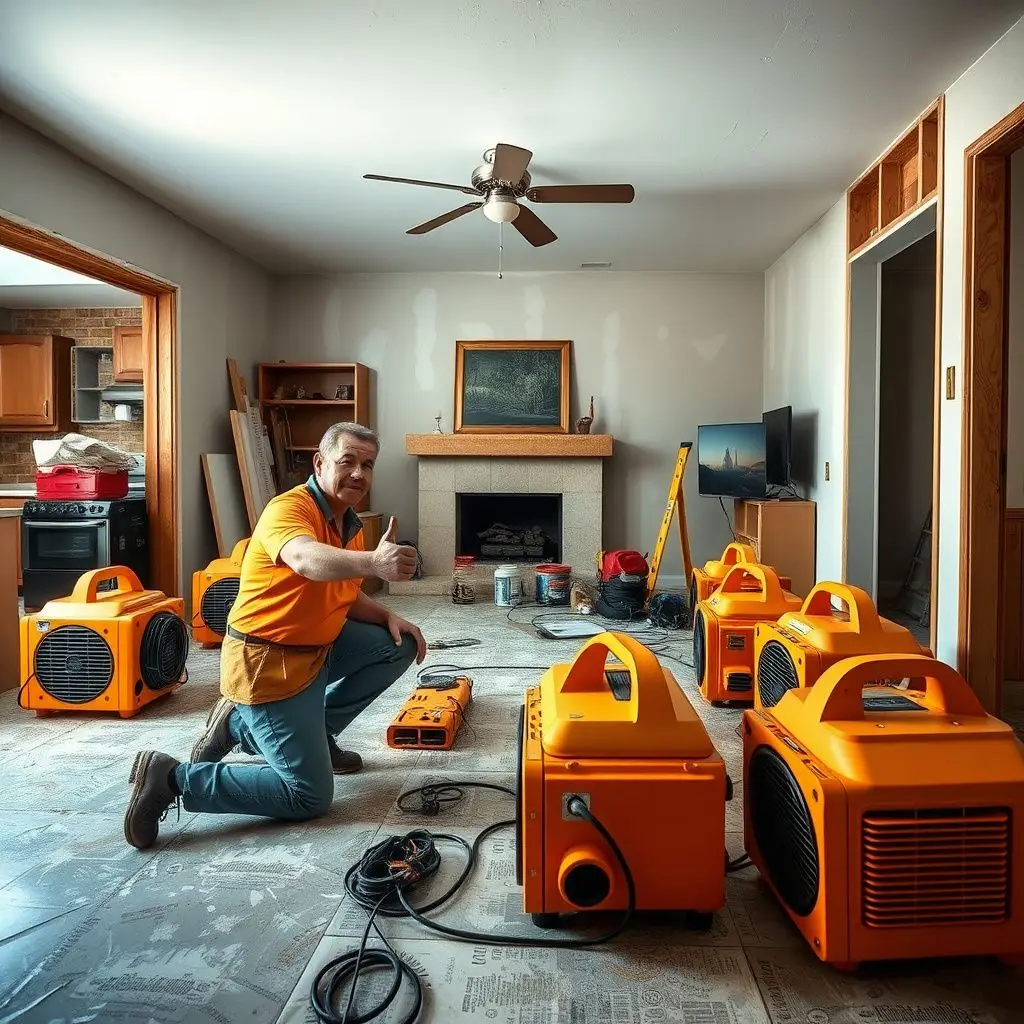 A close-up of a professional dehumidifier and air mover setup in a Redlands basement with stone foundation walls.