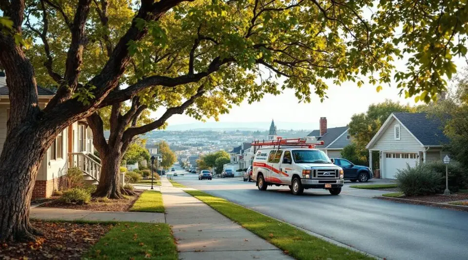 A professional restoration vehicle parked on a residential street in Bloomington, CA, with the San Bernardino mountains visible in the hazy distance.