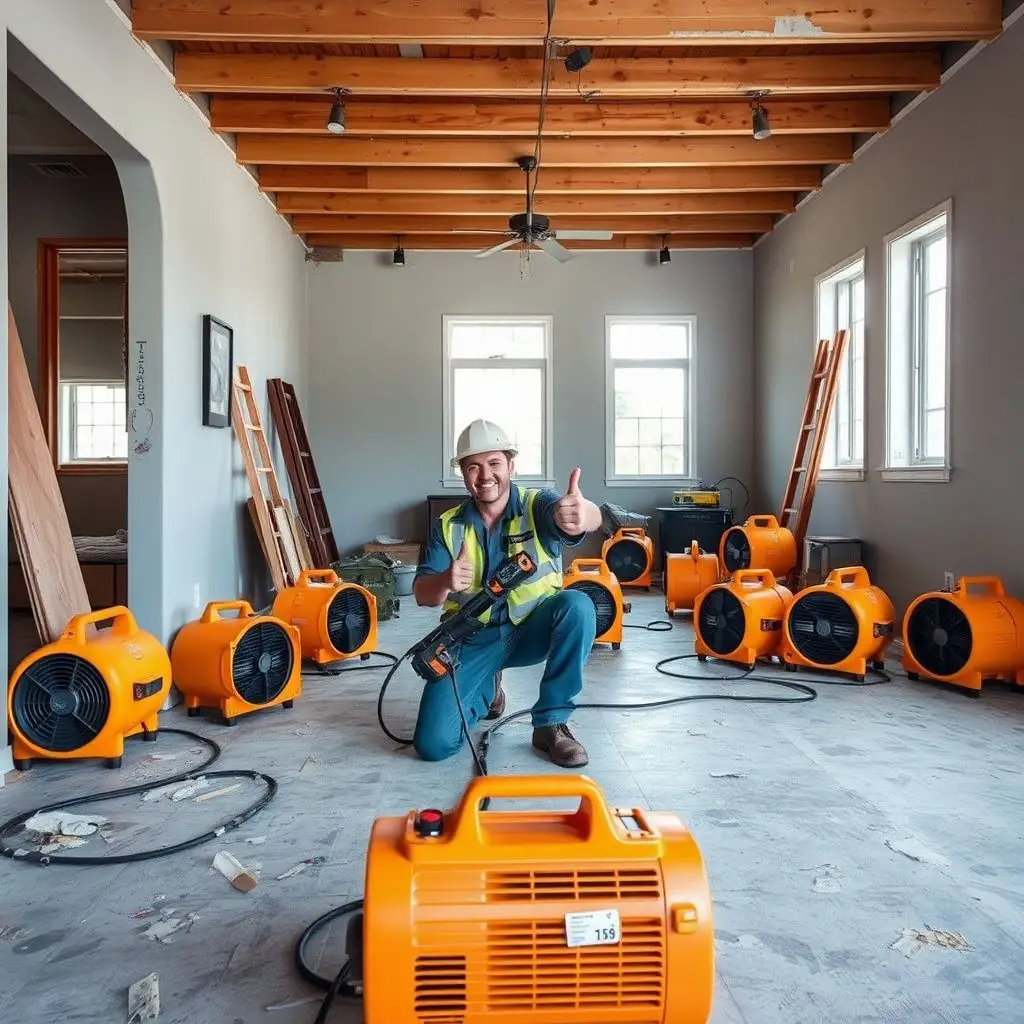 A technician in professional gear setting up industrial dehumidifiers in a Grand Terrace home to prevent mold growth.
