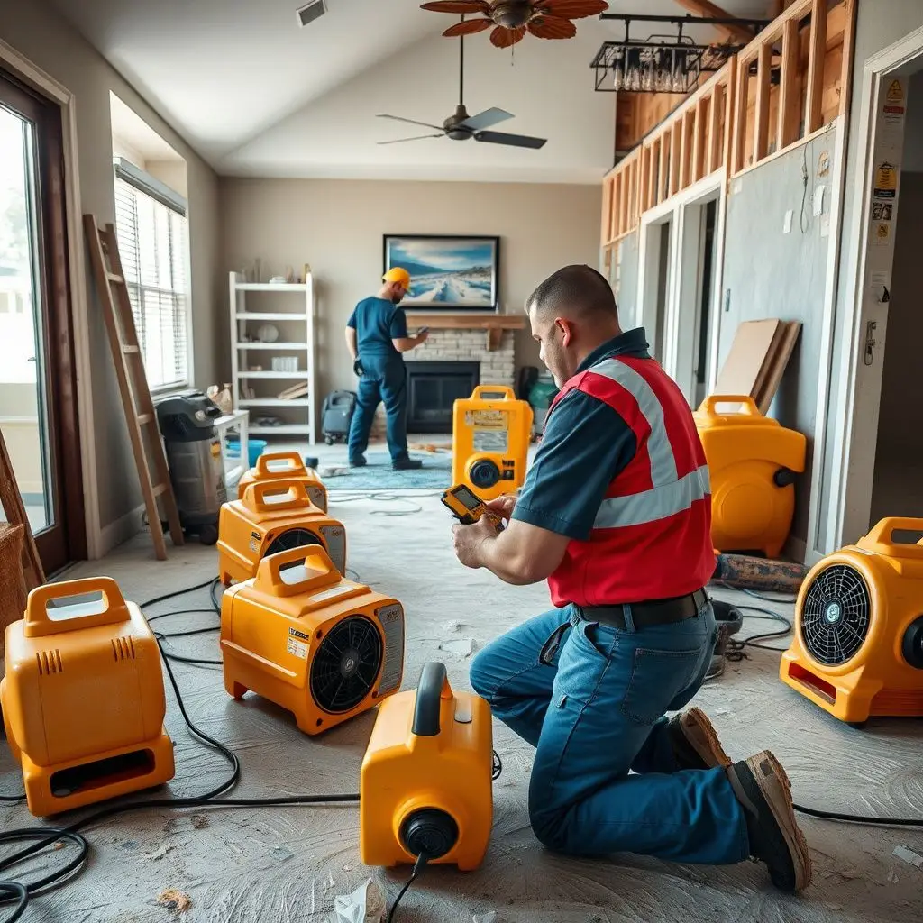 Industrial-grade air movers and a LGR dehumidifier set up in a Bloomington living room to dry out water damage from a burst pipe.